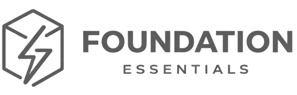 Logo of Foundation Essentials with a geometric design and text on a white background